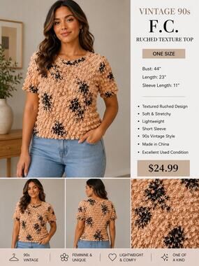 F.C. Vintage 90s Popcorn Crinkle Top Beige/pink Color One Size Fits Most EUC